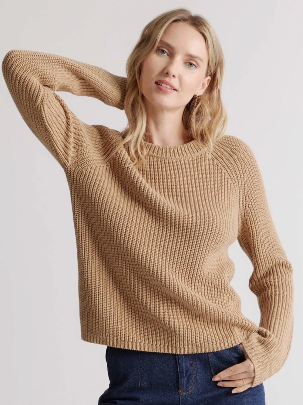 Quince 100% Organic Cotton Fisherman Crew Sweater Camel Small